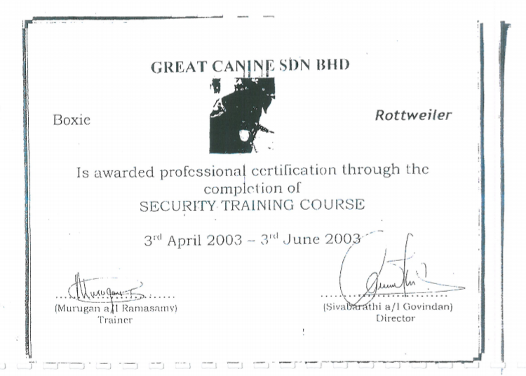 Golden Eagle Security Services Canine Certificate