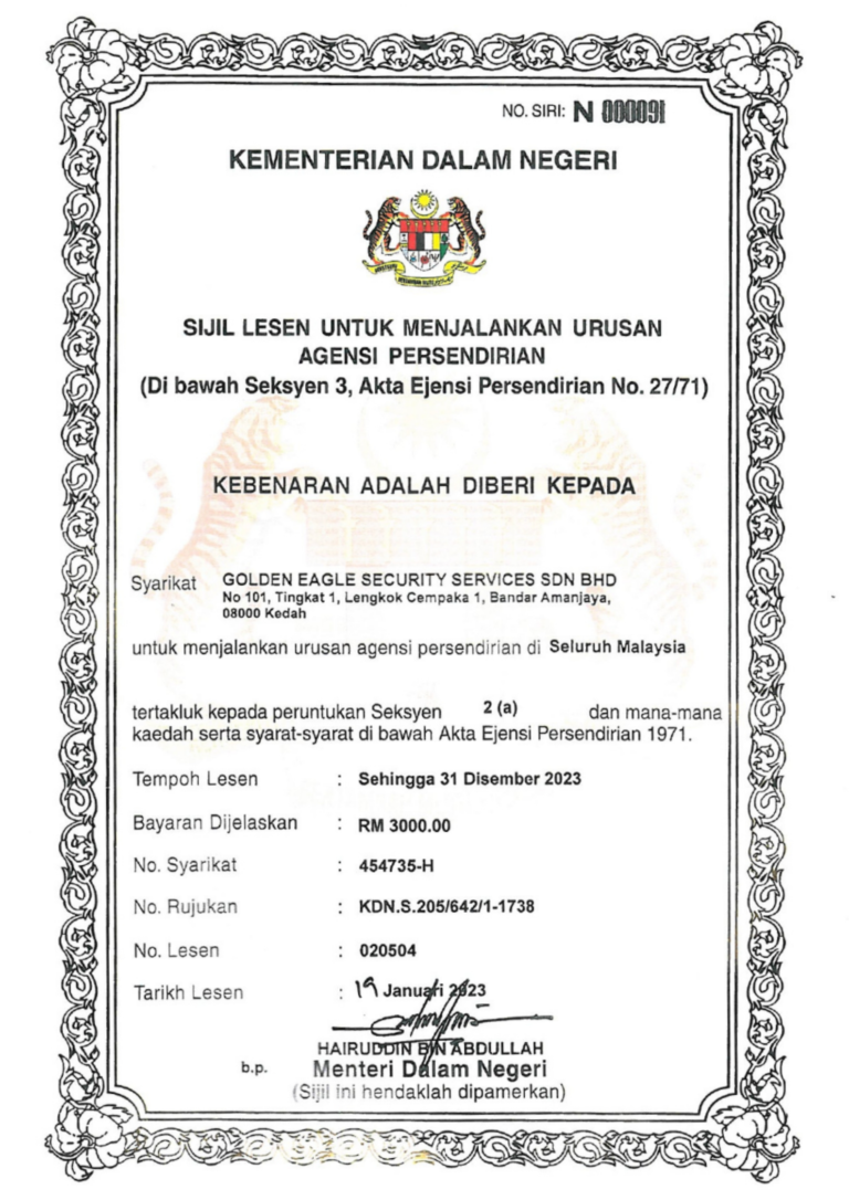 KDN Certificate Golden Eagle Security Services